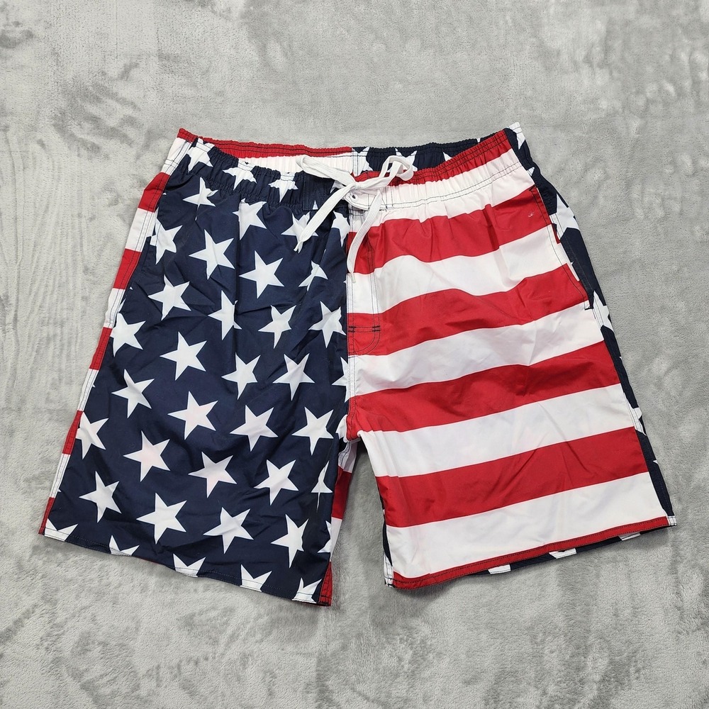 Faded Glory Swim Trunks Mens L Red White‎ Blue USA Flag Patriotic Lined Pockets